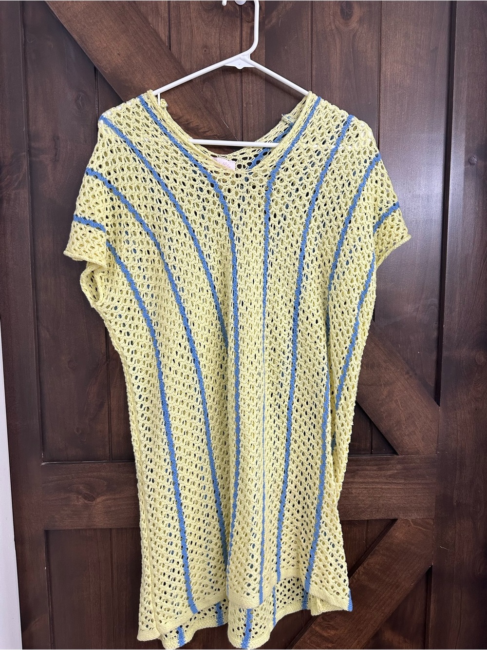Pink Lily Yellow Crochet Cover-Up with Blue Stripes